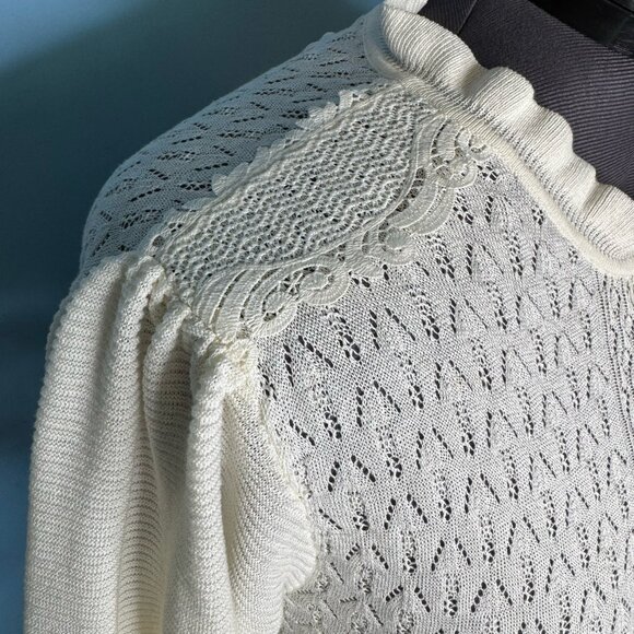 Cream Crochet and Knit Sweater with Lace Trim - L - Picture 3 of 9